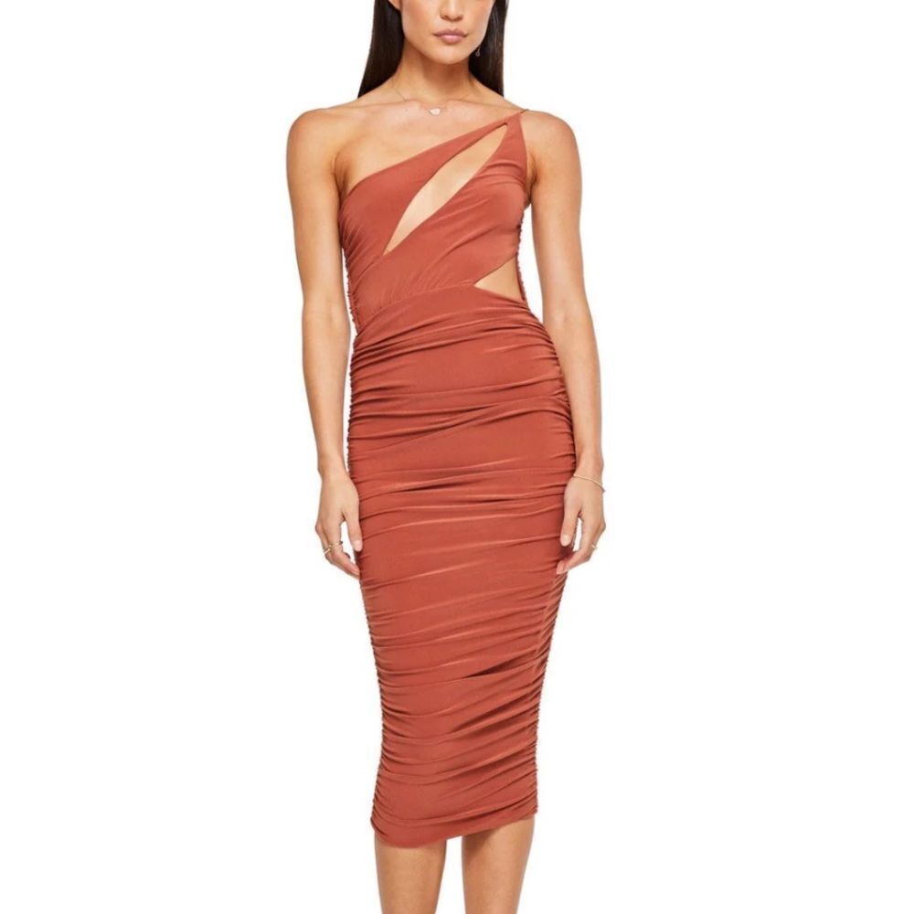 NWT NOOKIE ENVY MIDI DRESS - RUST knit ruched bodycon Revolve L